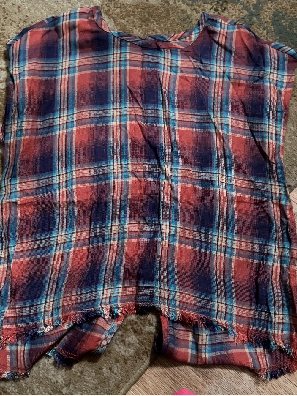Anthropologie Plaid Fringe Hem Boxy Top in Red and Blue